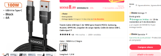 Cable tipo USB a USB C marca Toocki de 1 metro por $8.89 en AliExprees