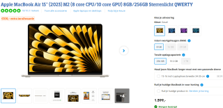 Apple MacBook Air 2023 15" M2 8-core, 8GB ram, 10-core GPU, 256GB ssd voor €1189 bij Coolblue