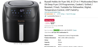 Russell Hobbs Airfryer [Compact design ,8 Liter, 10 Kookprogramma's] voor €59,99 dmv code bij Amazon