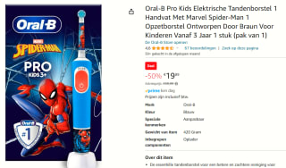 Oral-B Elektrische Tandenborstel Pro Kids Spider-Man voor €19,89 bij Amazon