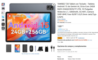 TAWBEE T20 Tablet con Teclado Android 15, 24GB RAM+256GB ROM/TF 2TB, 10 Pulgadas por 129,99€