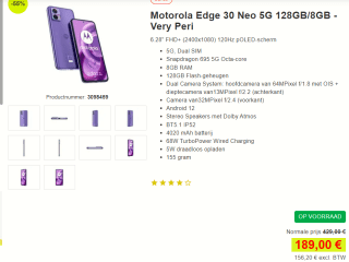 Motorola Edge 30 Neo - 128GB - Very Peri voor €189 bij Proshop