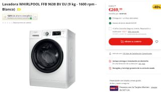 Lavadora Whirpool FFB 9638 BV EU de 9 kg con 1600 rpm por 269,99€