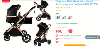 Ding Juna Kinderwagen 3 in 1 - Zwart/Rose - Combi Kinderwagen incl. Autostoel voor €200 bij Mamaloes