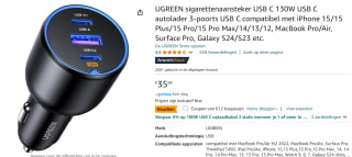 UGREEN Auto-snellader met 3 poorten voor €23,99 bij Amazon