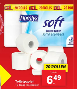 Floralys 20 rollen XXL Toiletpapier 3-laags 220 vellen voor €6,48 bij de Lidl