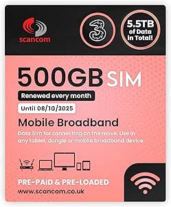 Three 500GB 5G Data SIM – Preloaded Monthly Until October 2025 – £39.99