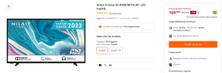 TV Nilait Prisma NI-40FB7001N 40" LED FullHD por 169,99€