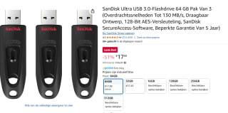 SanDisk Ultra [3-Pack] 64 GB, USB A, USB 3.0 voor €18,99 bij Amazon