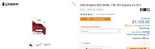 SSD Kingston NV2 NVMe 1TB por $1,109 en CyberPuerta