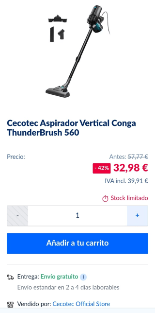 Cecotec Aspirador Vertical Conga ThunderBrush 560 por 39,91€.