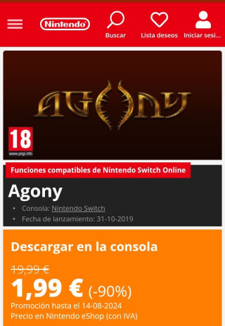 Agony Nintendo Switch por 1,99€.