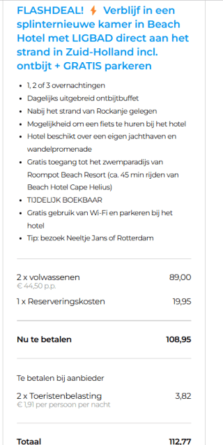 1 overnachting voor 2 personen in een in Beach Hotel met incl. ontbijt + GRATIS parkeren voor €112,77 via weekendjeweg