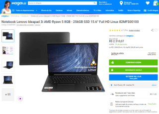 Notebook da Lenovo, modelo Ideapad 3i com AMD Ryzen 5 8GB - R$ 2.510,07