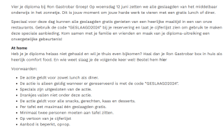 Geslaagden krijgen een gratis lunch of diner bij Ron Blaauw