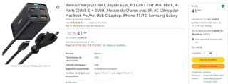 Chargeur Baseus GaN 3 (65W) - 4 ports (2x USB-C PD + 2x USB-A) & Câble Type-C 100W PD à 41,99€