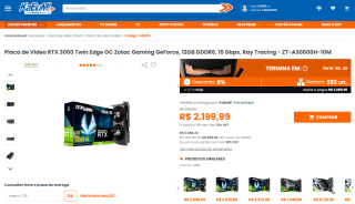 Placa Gráfica Zotac Gaming, modelo RTX 3060 Twin Edge de 12GB - R$ 2.199,99