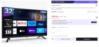 Smart TV 32 pulgadas Led HD, televisor Hey Google Official Assistant, control por voz - TD Systems K32DLC19GLE por 120.22€