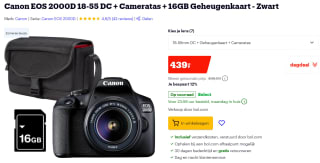 Canon EOS 2000D + 18-55mm f/3.5-5.6 DC III + Tas + 16GB Geheugenkaart voor €439 bij bol.com