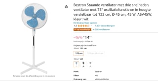Bestron Staande ventilator met 3 snelheden ASV45W met 75° oscillatiefunctie voor €14,97 bij Amazon