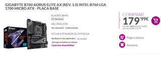 Placa Base Gigabyte B760 AORUS ELITE AX 1700 MICRO ATX por 179.99€