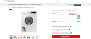 Lavadora marca Samsung modelo WW90CGC04DTEEC Clase A 9 Kg 1400 rpm SmartHome por 362,64€