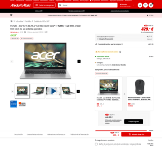 Portátil Acer A315-59 15.6" Full HD Intel Core i7-1255U 16GB RAM 512GB SSD Iris Xe Sin sistema operativo por solo 364,65€