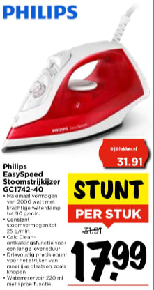 Philips easy speed stoomstrijkijzer gc1742/40 rood voor €17,99 bij Vomar