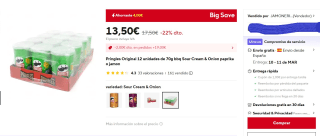 Pringles Original 12 unidades de 70g por 13,50€ (4 sabores a elegir)