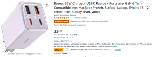 Chargeur BASEUS 65W - 4 ports, Gan Tech à 33,32€