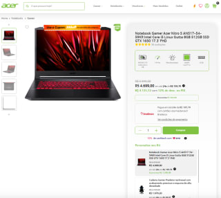 Notebook Gamer da Acer, modelo Nitro 5 com Intel Core i5 - R$ 4.699
