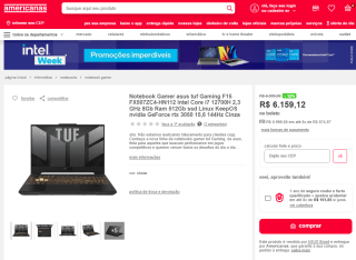 Notebook Gamer da ASUS, modelo TUF i7-12700H - R$ 6.159,12