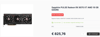 Sapphire PULSE AMD Radeon RX 9070 XT - Videokaart - 16GB voor €765,60 bij Caps