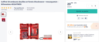 Coffret de 54 pièces pour visseuse à chocs Milwaukee à 23,99€