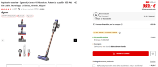 Aspirador escoba - Dyson Cyclone v10 Absolute, Potencia succión 150 AW por 341,05€