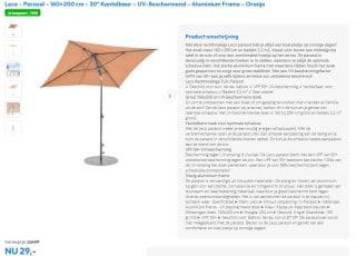 Leco - Parasol - 160x200 cm - 30° Kantelbaar - UV-Beschermend voor €29 bij Timco voordeelmarkt