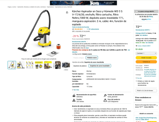 Aspirador Kärcher en seco y húmedo WD 3 S V-17/4/20 por solo 72,40€