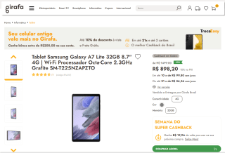 Tablet da Samsung, modelo Galaxy A7 Lite de 32GB - R$ 898,20