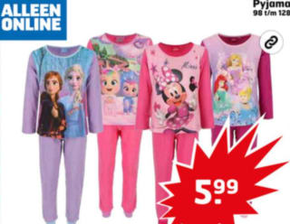Disney Kinderpyjama diverse soorten en maten voor €5,99 bij Trekpleister