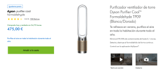 Purificador ventilador de torre Dyson Purifier Cool Formaldehyde TP09 por 475€
