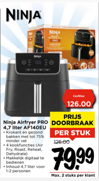 Ninja Airfryer XL Pro - 4.7 liter - 4 Kookprogramma's voor €79,99 bij Vomar