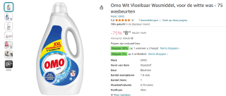 Omo Wit vloeibaar wasmiddel 75 wasbeurten voor €8,29 bij Amazon