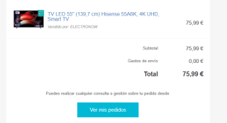 TV LED 55" Hisense 55A6K, 4K UHD, Smart TV por 75,99€