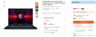 Portátil MSI Sword 16 HX B14VFKG-877XES Intel Core i7-14650HX/16GB/1TB SSD/RTX 4060/16" por 899€