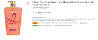 3 Botes de L’Oréal Paris Elvive Dream Long Champú Reconstructor Para Pelo Largo y dañado 1L por 18.88€