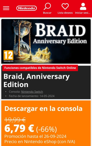 Braid, Anniversary Edition Nintendo Switch por 6,79€.