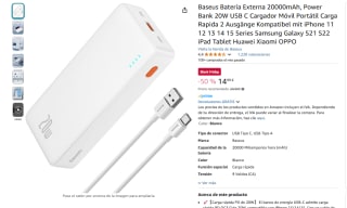 PowerBank Baseus 20000mAh 20W USB-C, Carga Rápida por 14,99€