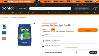 Areia para Gato da Pipicat Classic Kelco de 12kg - R$ 34,11