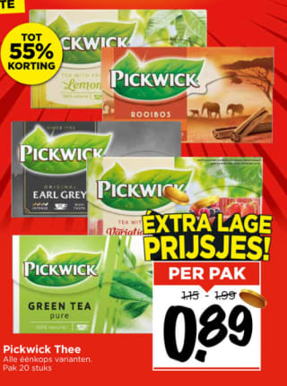 Alle éénkops Pickwick thee voor €0,89 bij Vomar