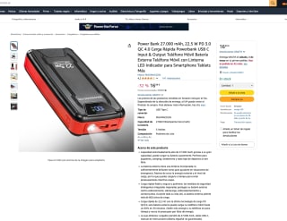 Power Bank 27.000 mAh, 22.5 W PD 3.0 QC 4.0 Carga Rápida Powerbank USB C Input & Output por solo 16,99€